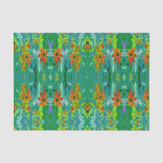 黄トリップ(幻覚体験)のような色と赤の山花とレトロ青 薄葉紙 (正面)