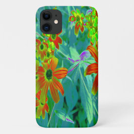 黄トリップ(幻覚体験)のような色と赤の山花とレトロ青 iPhone 11 ケース