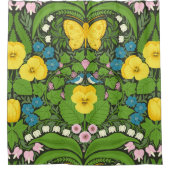 黄パンジー、鳥と蝶 シャワーカーテン (正面)