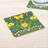 黄パンジー、鳥と蝶 スクエアペーパーコースター (アングル)