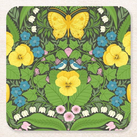 黄パンジー、鳥と蝶 スクエアペーパーコースター (正面)