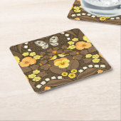 黄パンジー、鳥と蝶 スクエアペーパーコースター (アングル)
