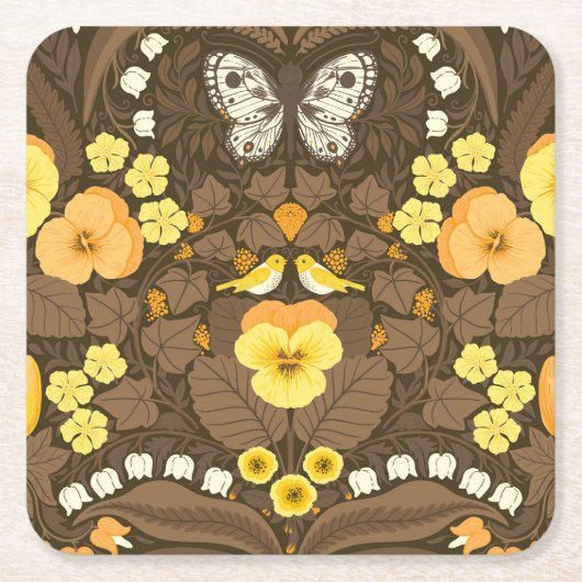 黄パンジー、鳥と蝶 スクエアペーパーコースター (正面)