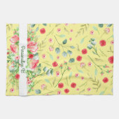 黄パーソナライズされたかわいらし色とピンクのフローラ キッチンタオル (横)