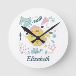 黄パーソナライズされたピンクフィッシュシー海子供部屋 ラウンド壁時計