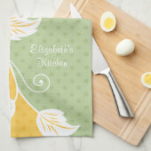 黄パーソナライズされた緑水玉模様フローラつる植物 キッチンタオル (四つ折り)