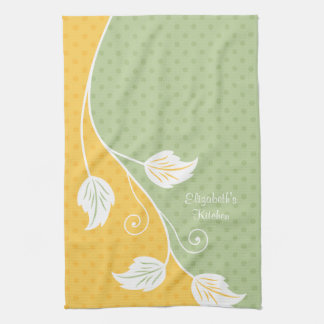 黄パーソナライズされた緑水玉模様フローラつる植物 キッチンタオル