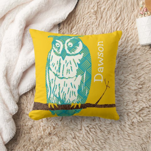 黄パーソナライズされた色とミント男の赤ちゃんヴィンテージフクロウ クッション (ブランケット)