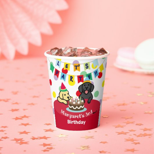 黄パーソナライズされた色と黒のラブラドール誕生日 紙コップ (インサイチュ)
