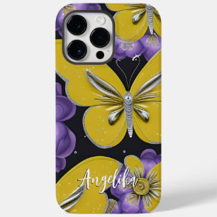 黄パーソナライズされた色の蝶と紫の花 Case-Mate iPhone 14 PRO MAXケース