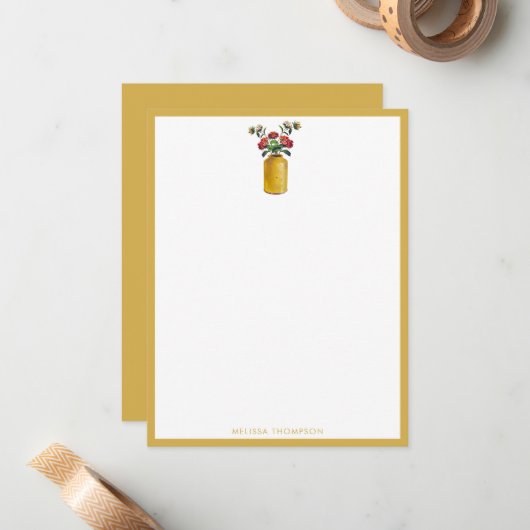 黄パーソナライズされた色ヴィンテージ水色の花 ノートカード (正面/裏面インサイチュ)