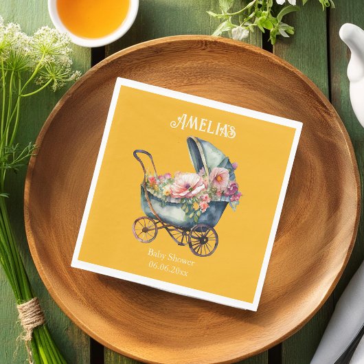 黄パーソナライズされた色ヴィンテージPramベビーシャワー スタンダードランチョンナプキン