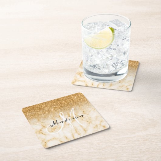 黄パーソナライズされた色金ゴールドグリッターモノグラムマーブル スクエアペーパーコースター (インサイチュ)