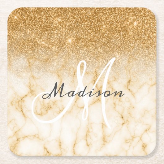 黄パーソナライズされた色金ゴールドグリッターモノグラムマーブル スクエアペーパーコースター (正面)