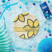 黄パーソナライズされた色、白、木炭のモダンフローラ ペーパープレート (パーティー)