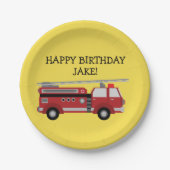 黄パーソナライズされた赤消防車の誕生日パーティー ペーパープレート (正面)