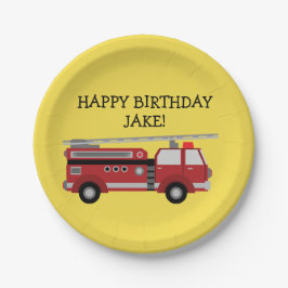 黄パーソナライズされた赤消防車の誕生日パーティー ペーパープレート