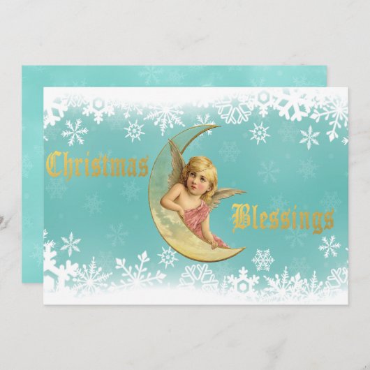 黄ビクトリアン金の月の天使のクリスマス シーズンカード (正面/裏面)