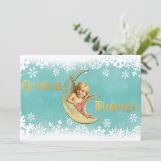 黄ビクトリアン金の月の天使のクリスマス シーズンカード (スタンド正面)
