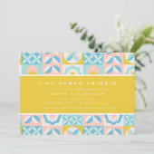 黄ファンキーモダン色の小さな人間のShindig赤ちゃんシャワー 招待状 (スタンド正面)