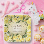 黄フローラバラ金ゴールドグリッター誕生日名Pa ペーパープレート (パーティー)