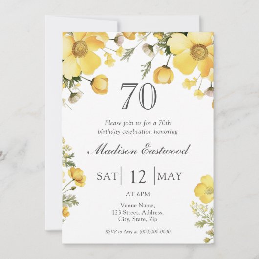 黄フローラ70番目の誕生日招待状 招待状 (正面)