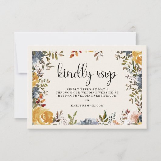 黄ブルーフローラ結婚の親切な回答 出欠カード (正面)