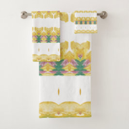 黄ホワイトグリーンとピンクパターン（の模様が）ある色 バスタオルセット