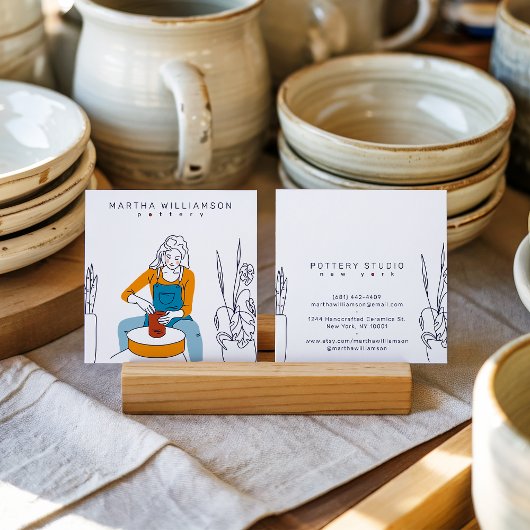 黄ミニマル色青女イラストレーション スクエア名刺