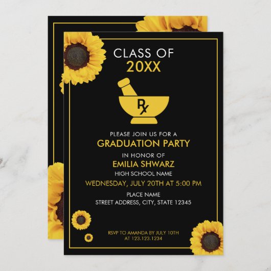 黄モダンひまわり薬剤師卒業 招待状 (正面/裏面)