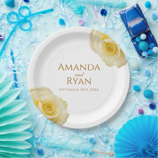 黄モダンエレガントローズフローラ結婚ズ ペーパープレート (パーティー)