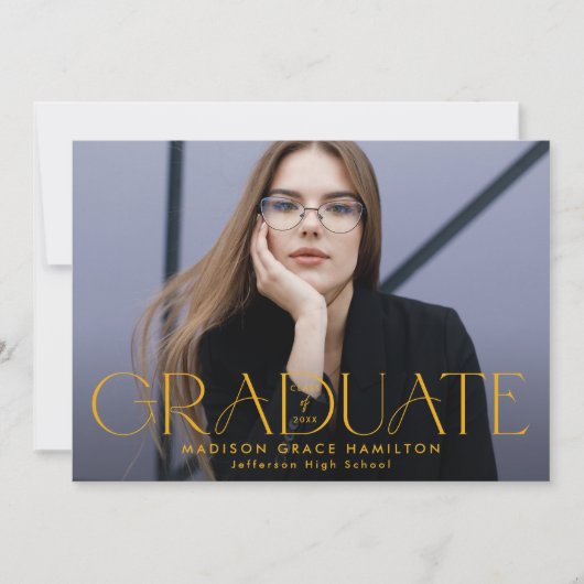 黄モダンタイポグラフィ写真卒業 案内状 (正面)