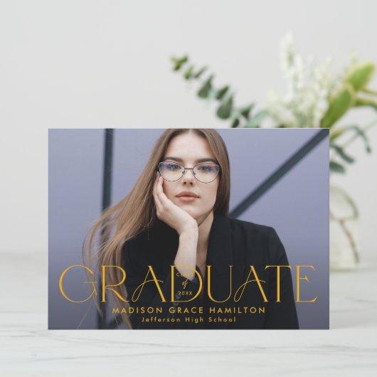 黄モダンタイポグラフィ写真卒業 案内状 (スタンド正面)