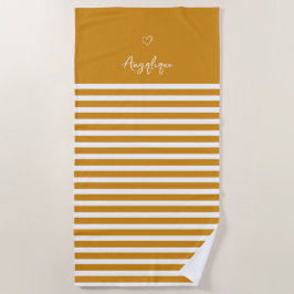 黄モダンハートストライプモノグラム ビーチタオル