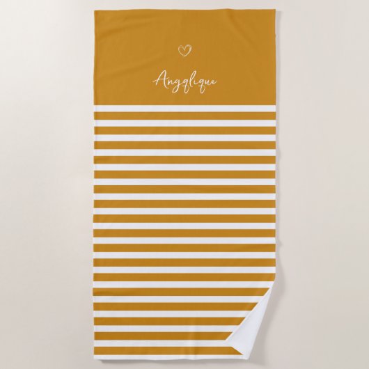 黄モダンハートストライプモノグラム ビーチタオル (正面)