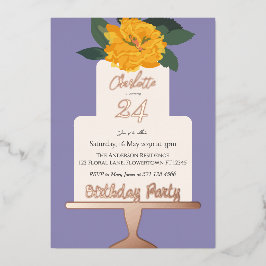 黄モダンフローラケーキ誕生日パーティー金ゴールド 箔招待状