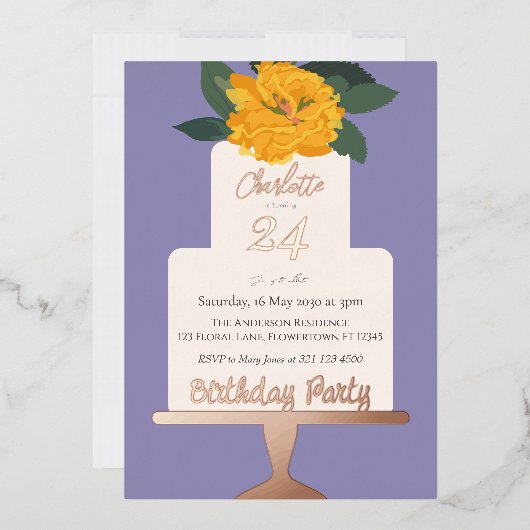 黄モダンフローラケーキ誕生日パーティー金ゴールド 箔招待状 (封筒)