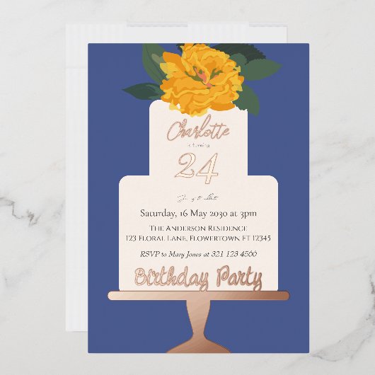 黄モダンフローラケーキ誕生日パーティー金ゴールド 箔招待状 (封筒)