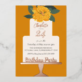 黄モダンフローラケーキ誕生日パーティー金ゴールド 箔招待状 (正面)