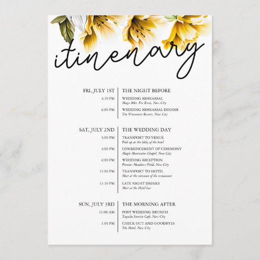 黄モダンフローラ結婚の週末の日程 プログラム (裏面)