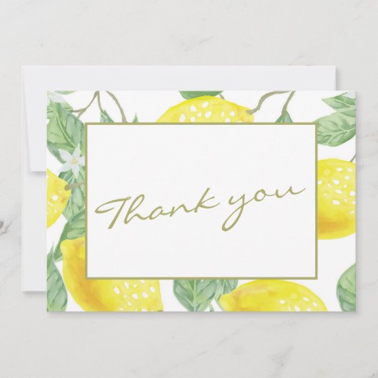 黄モダンレモンと緑の葉の結婚写真 サンキューカード (正面)