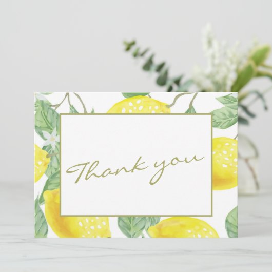 黄モダンレモンと緑の葉の結婚写真 サンキューカード (スタンド正面)