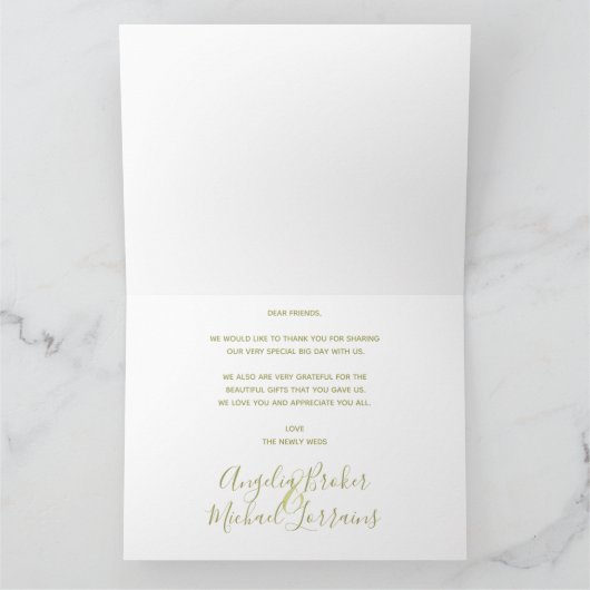 黄モダンレモンと緑の葉の結婚写真 サンキューカード (内部)