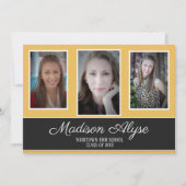 黄モダン白黒3枚の写真卒業 招待状 (正面)