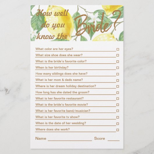黄モダン緑レモンブライダルシャワーゲーム (正面)