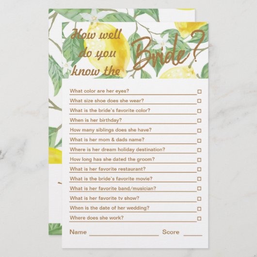 黄モダン緑レモンブライダルシャワーゲーム (正面/裏面)