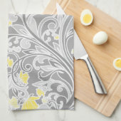 黄モダン色と灰色の渦巻形のフローラ キッチンタオル (四つ折り)