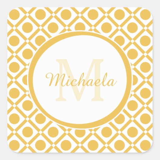 黄モダン色と白のジオメトモノグラムのリ名 スクエアシール (正面)