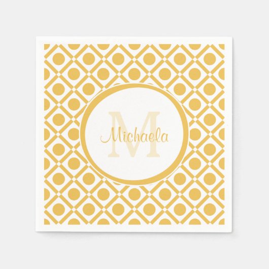 黄モダン色と白のジオメトモノグラムのリ名 スタンダードカクテルナプキン (正面)