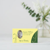 黄モダン色と緑と華美ポートレート写真 名刺 (スタンド正面)
